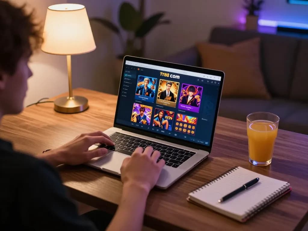 Player engaging with the Tr88 com online casino platform on a laptop, showcasing strategic gameplay and responsible gambling