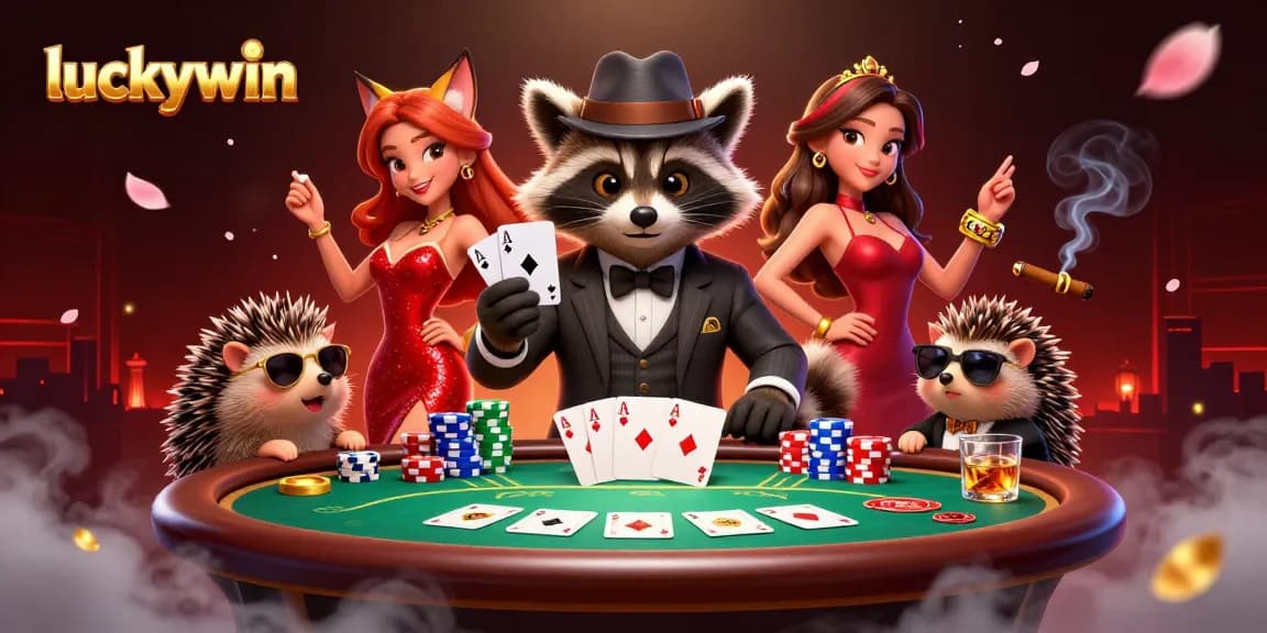 Experience dazzling moments at luckywin with a charming raccoon and fox lady playing poker.