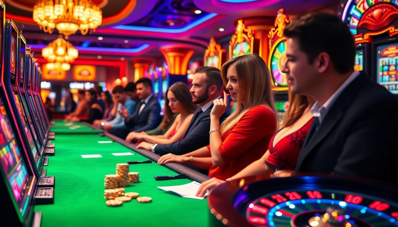 Engaged players enjoying slot demo games at a vibrant casino with luxurious machines.