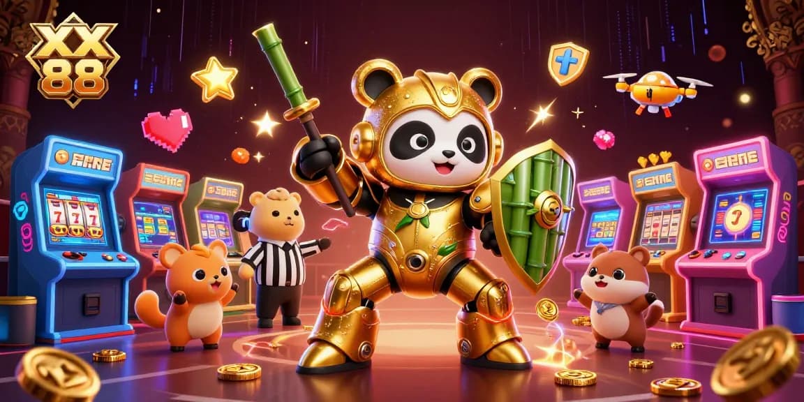 Experience XX 88’s casino excitement with a golden panda in a vibrant gaming arena.