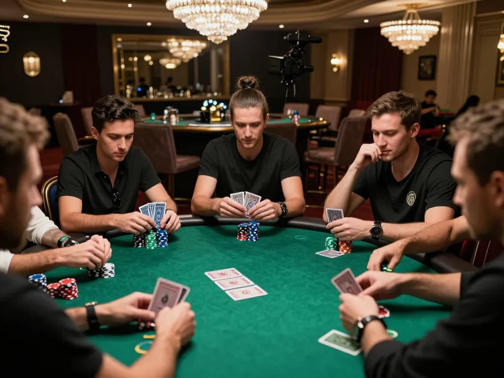 Engaged players strategizing during a high-stakes poker game at https://mm88.today/ casino, showcasing an elegant setup.