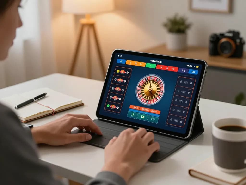 KONG88 player engaged in live dealer roulette on tablet in stylish home office, focusing on gameplay strategy.