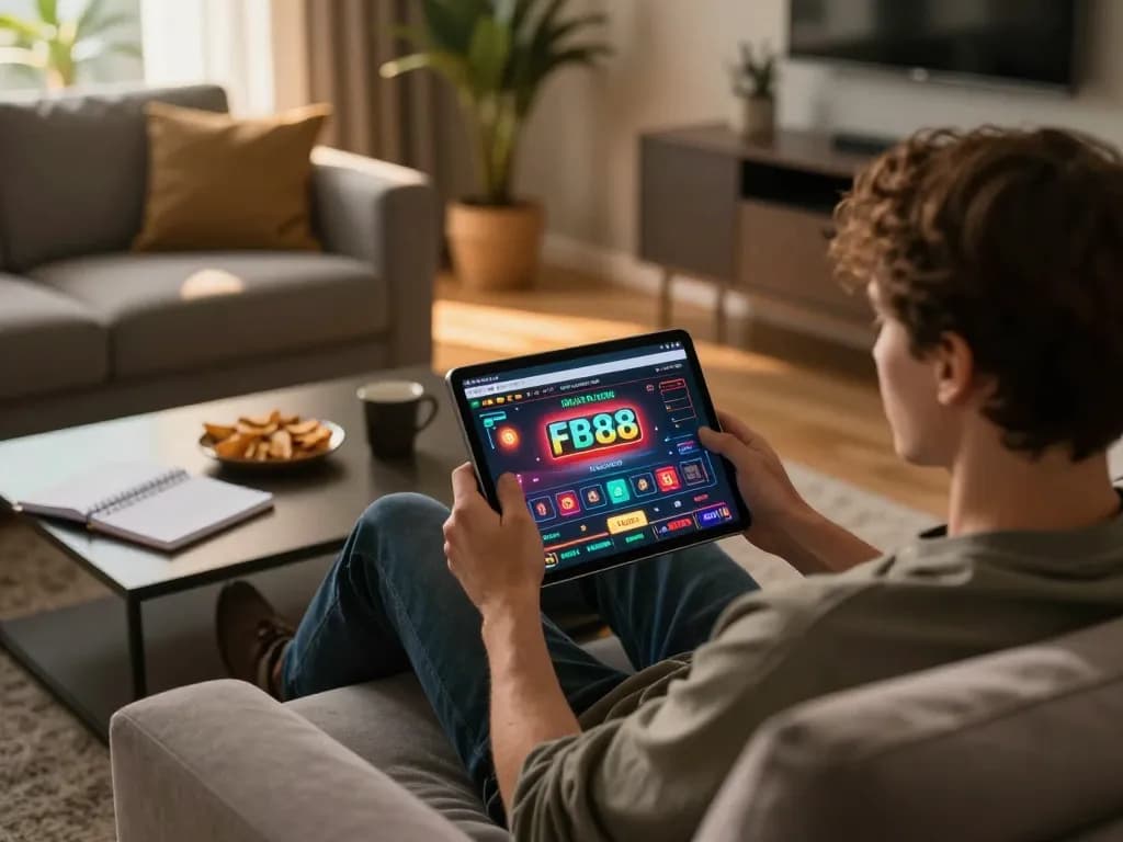 Engaged player enjoying FB88 online casino experience on tablet in cozy home setting