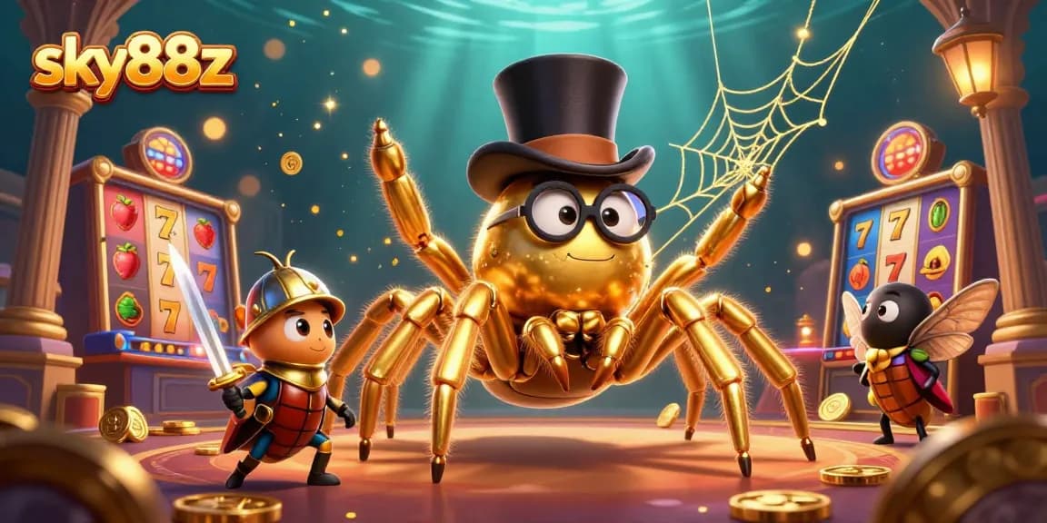 Experience thrilling gameplay with sky88z as a golden tarantula weaves a web in a vibrant casino scene.