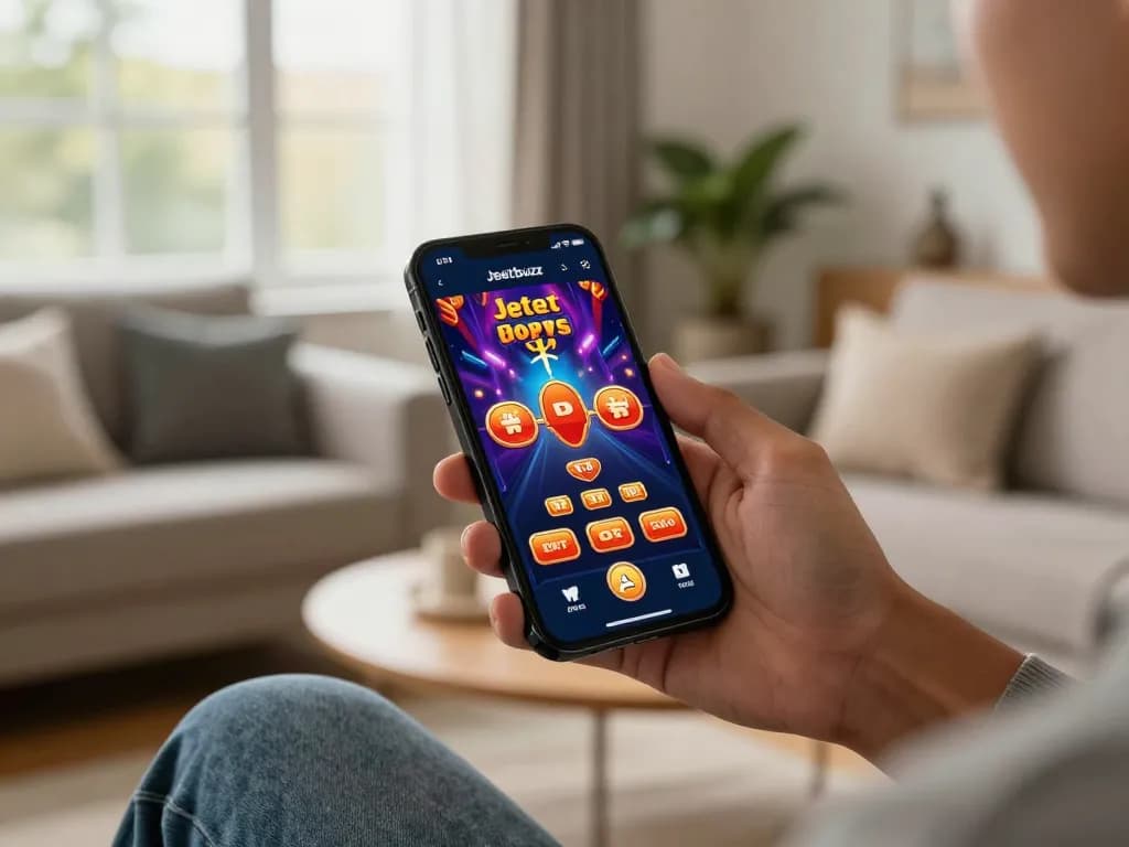 Winning moments using the Jeetbuzz App on a smartphone while relaxing in a cozy living room.