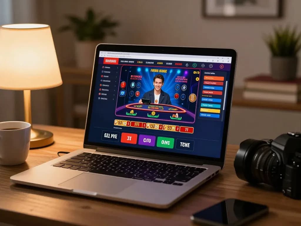 Engaging online casino gameplay at nk88 on laptop with live dealer, showcasing cozy home environment