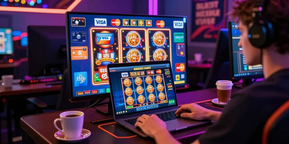 Exciting gaming scene at a credit card casino with immersive slots displayed on a laptop, various credit card logos visible.