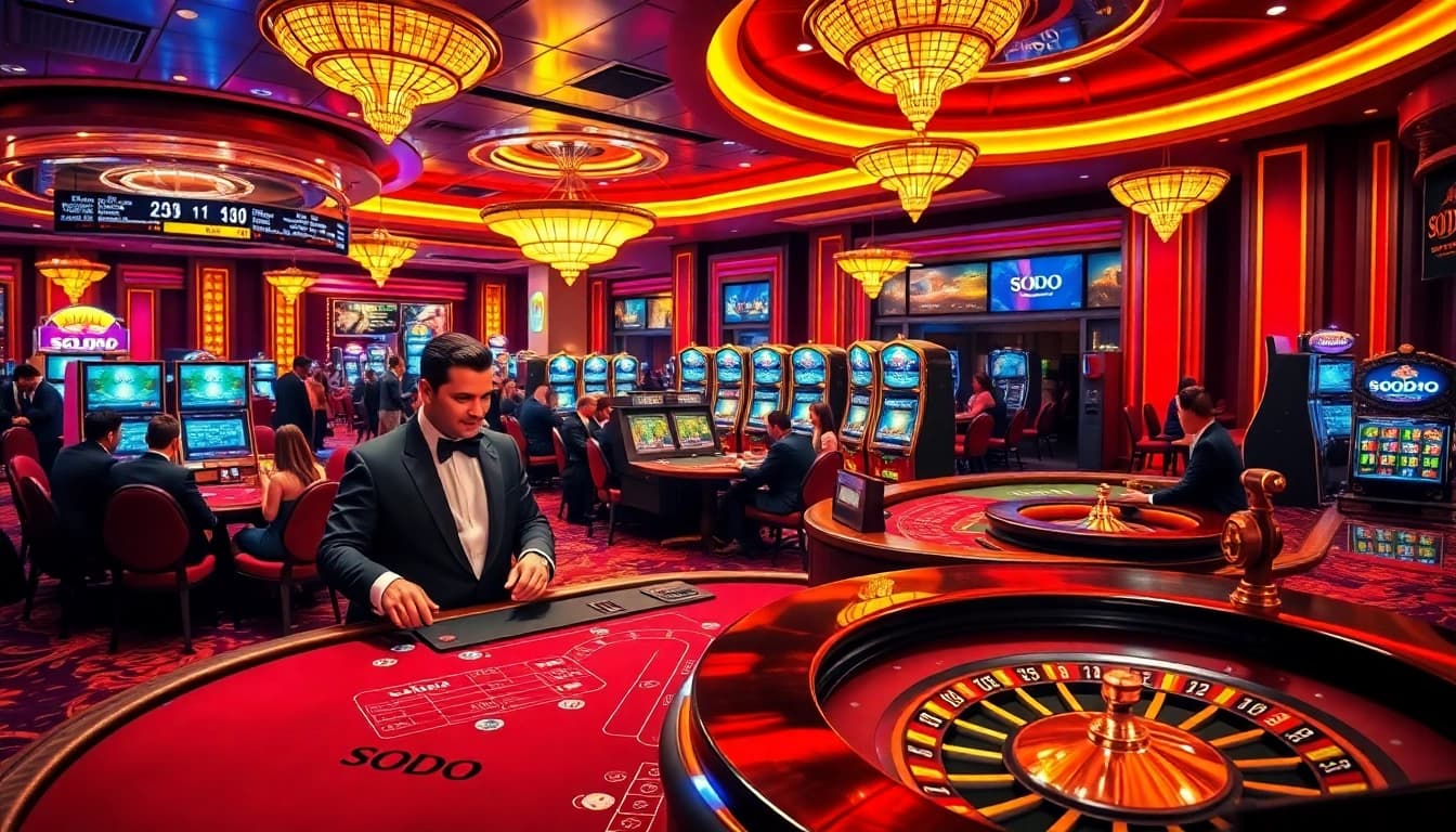 Players experiencing the thrill of gambling at SODO Casino, with vibrant gaming tables and excitement in the air.
