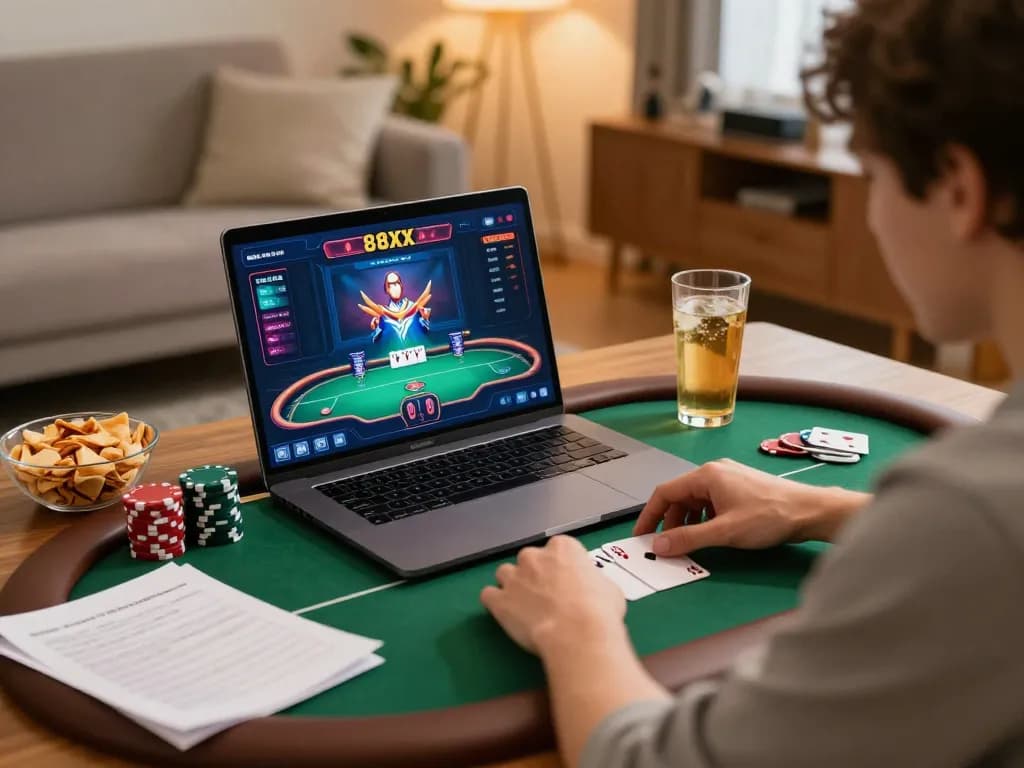 Online poker gameplay on 88xx with engaging interface and cozy home atmosphere