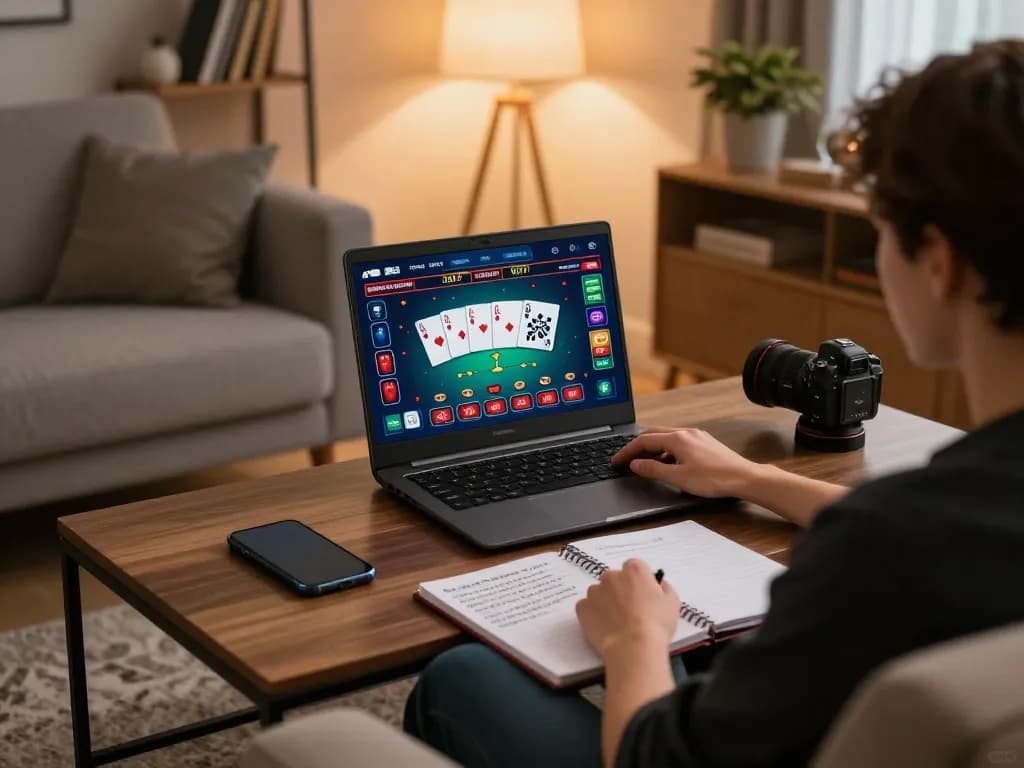 Person engaged in online gaming session at https://www.dacsandatphanrang.com/ using tablet for casino betting strategy with poker game interface visible.