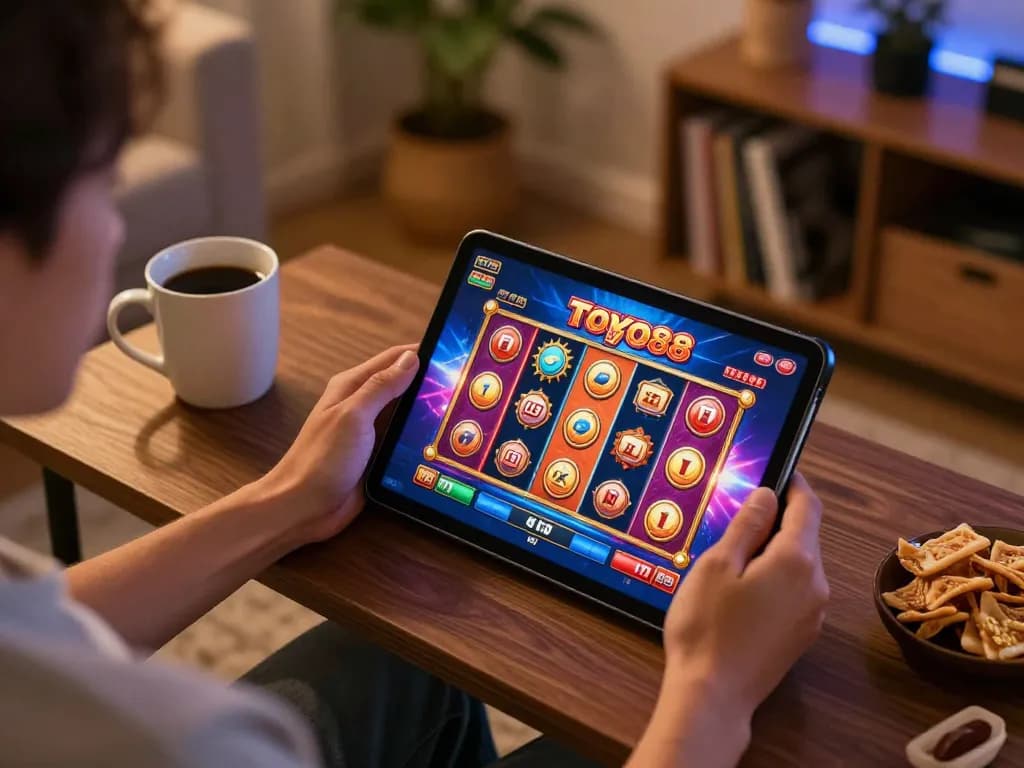 Pemain online Tokyo88 menikmati permainan slot di tablet dengan camilan di dekatnya untuk pengalaman bermain yang nyaman