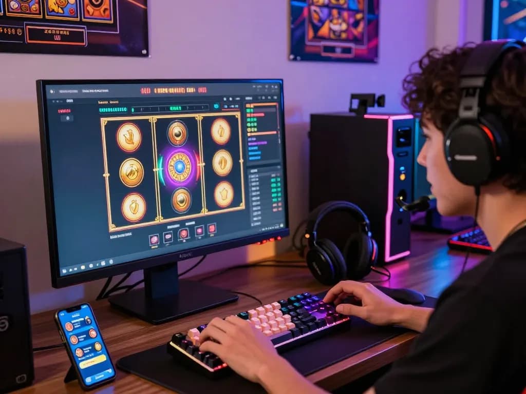 Pemain menikmati slot online Koicuan di setup permainan yang berwarna-warni, menampilkan lampu LED yang cerah dan aksesori permainan.
