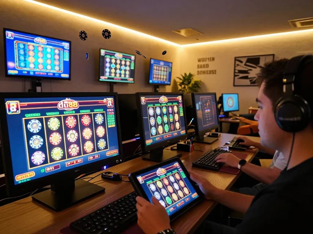 Engaged player experiencing du88 slots action on tablet during a lively online gaming night.