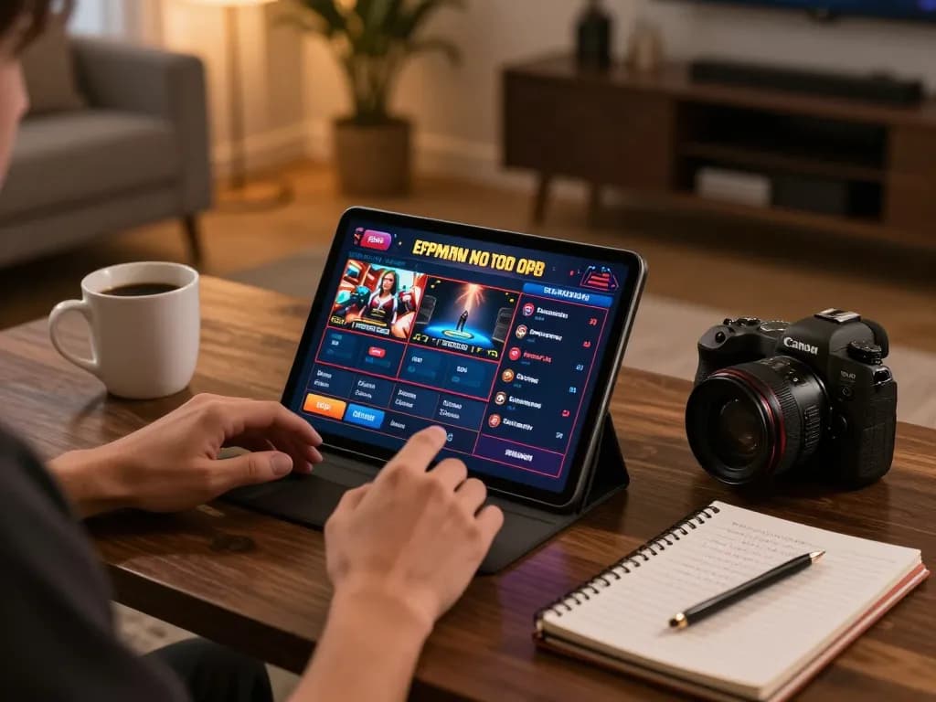 Engaged gamer using TO288 on tablet with gaming strategies at home.