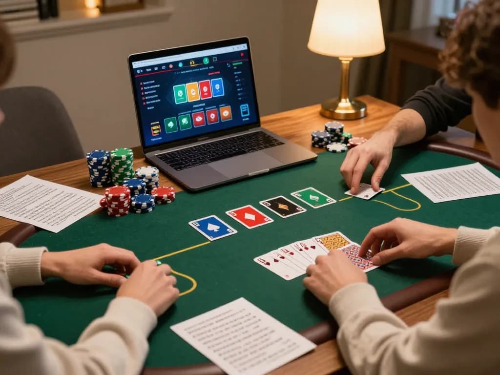 Engaged player enjoying a lively online poker game on 68win app, showcasing colorful chips and cards in an inviting home environment.