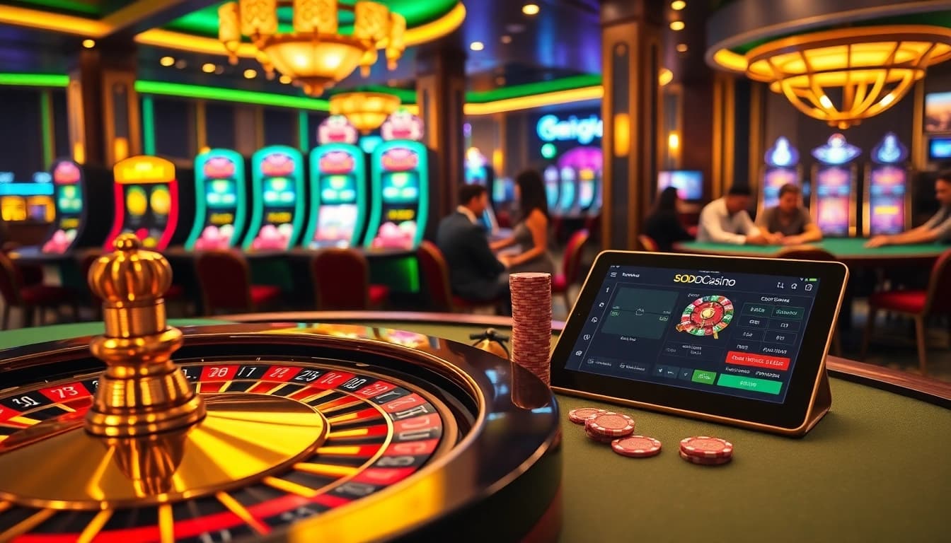 SODO CASINO gaming table with poker chips and roulette wheel in an elegant atmosphere.