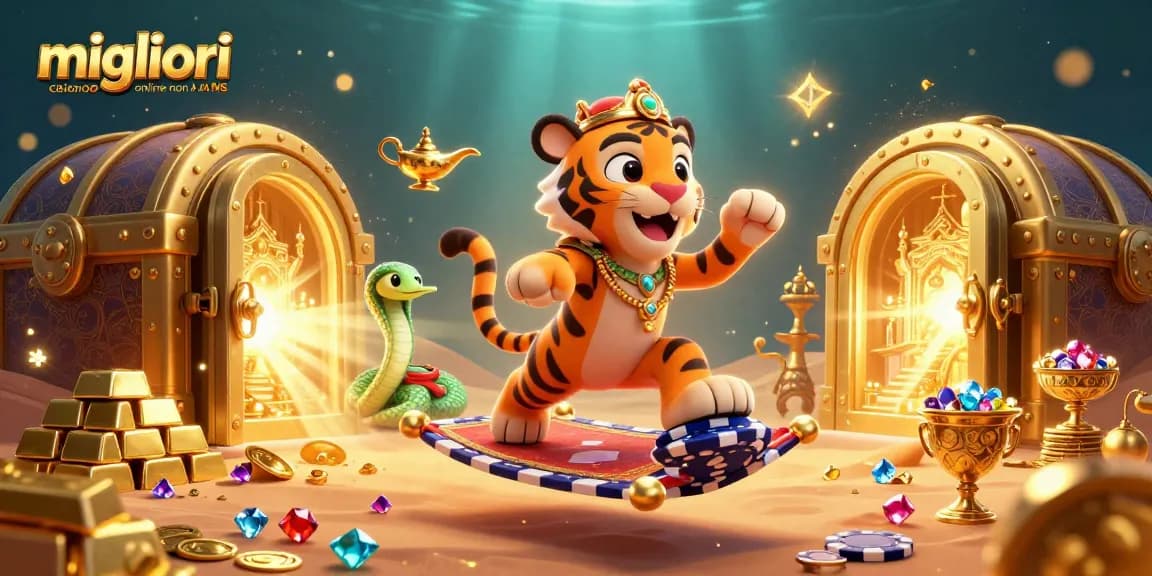 Illustrazione dei migliori casino online non AAMS che mostra un sultano tigre e un genio con tesori da casino.