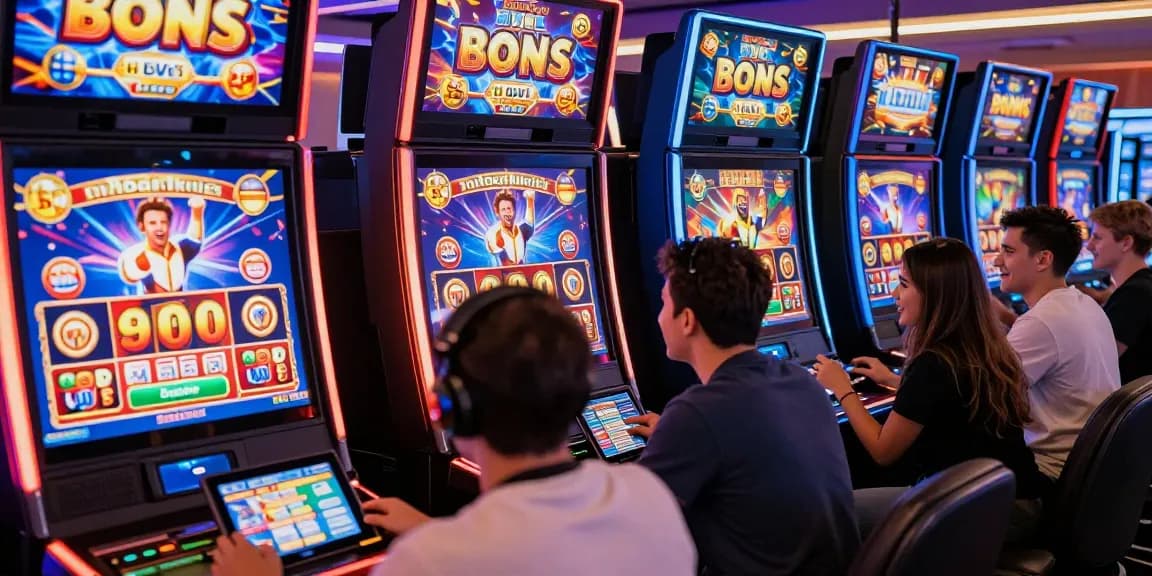 Players enjoying bonus buy slots in a lively online casino environment with vibrant slot machines and engaging interactions.