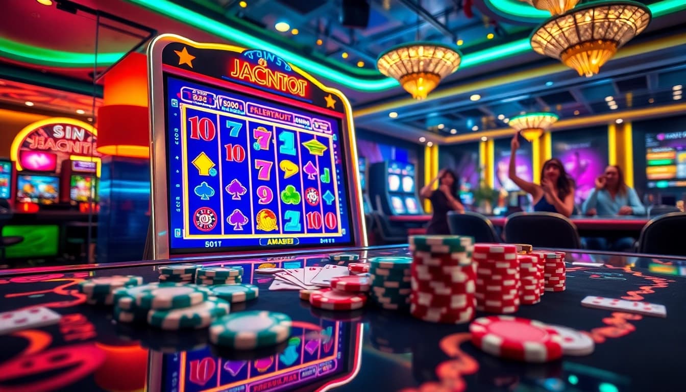 Rasakan kegembiraan bermain slot aman788 dengan visual cerah dari chip poker dan pemain yang merayakan kemenangan.