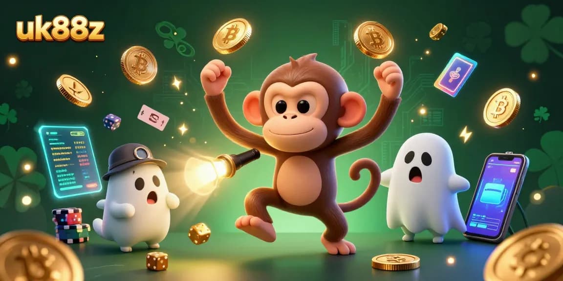 Experience gaming thrills with uk88z as a playful poltergeist monkey juggles coins in a haunted casino scene.