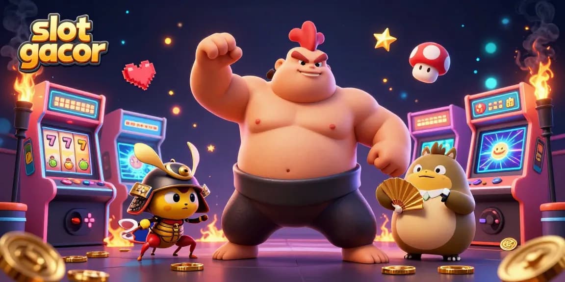 Slot gacor menampilkan karakter sumo, serangga Samurai, dan pengumum tanuki di kasino digital yang penuh warna.