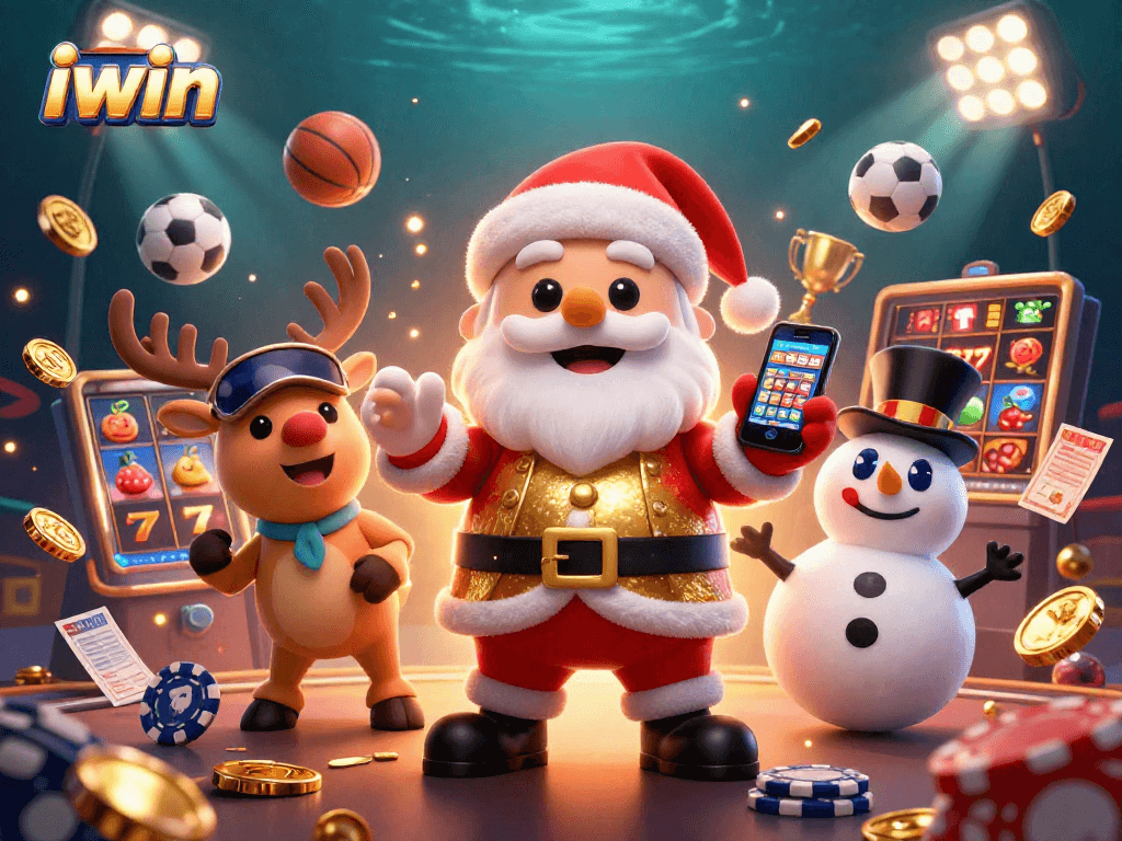 Join iwin for exciting jackpot slots with Santa and friends at a vibrant casino scene.