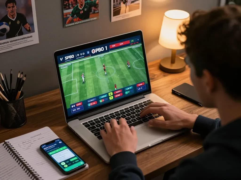Pengguna yang terlibat menganalisis skor langsung SPBO 1 di laptop selama taruhan olahraga