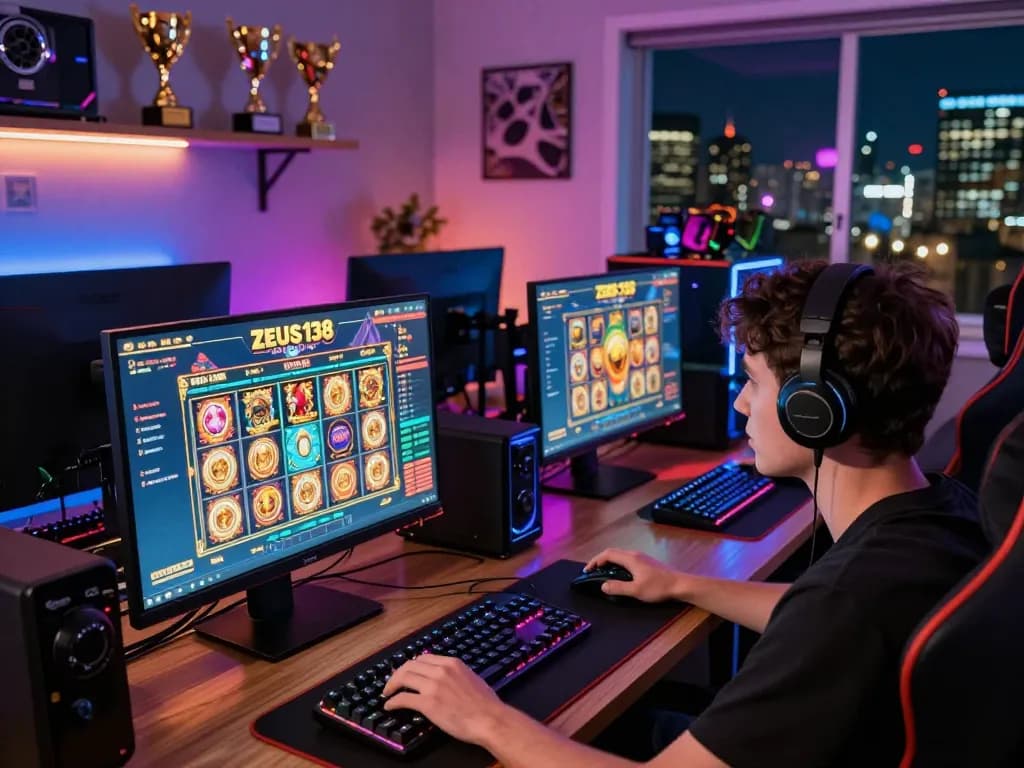 Player engaging with Zeus138 slot game on computer with vibrant lighting and gaming setup.