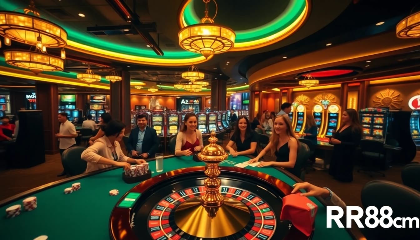 Exciting casino scene featuring roulette and poker chips, highlighting RR88 com's thrilling gambling experience.