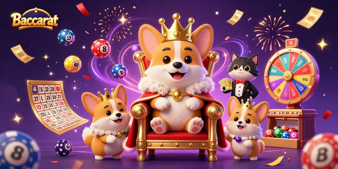 Baccarat card game illustration showcasing a royal corgi, a cat butler, and vibrant casino elements.