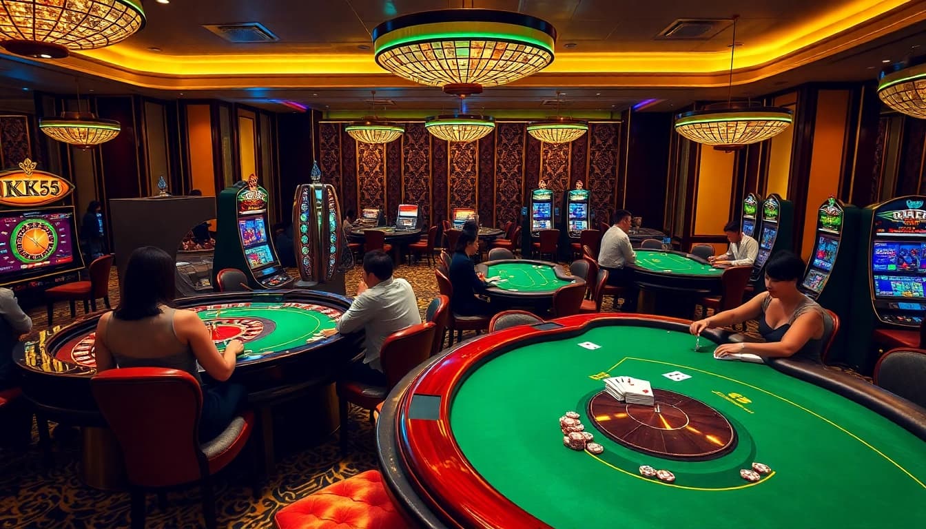 Players enjoying a vibrant KK55 casino experience with tables and games.