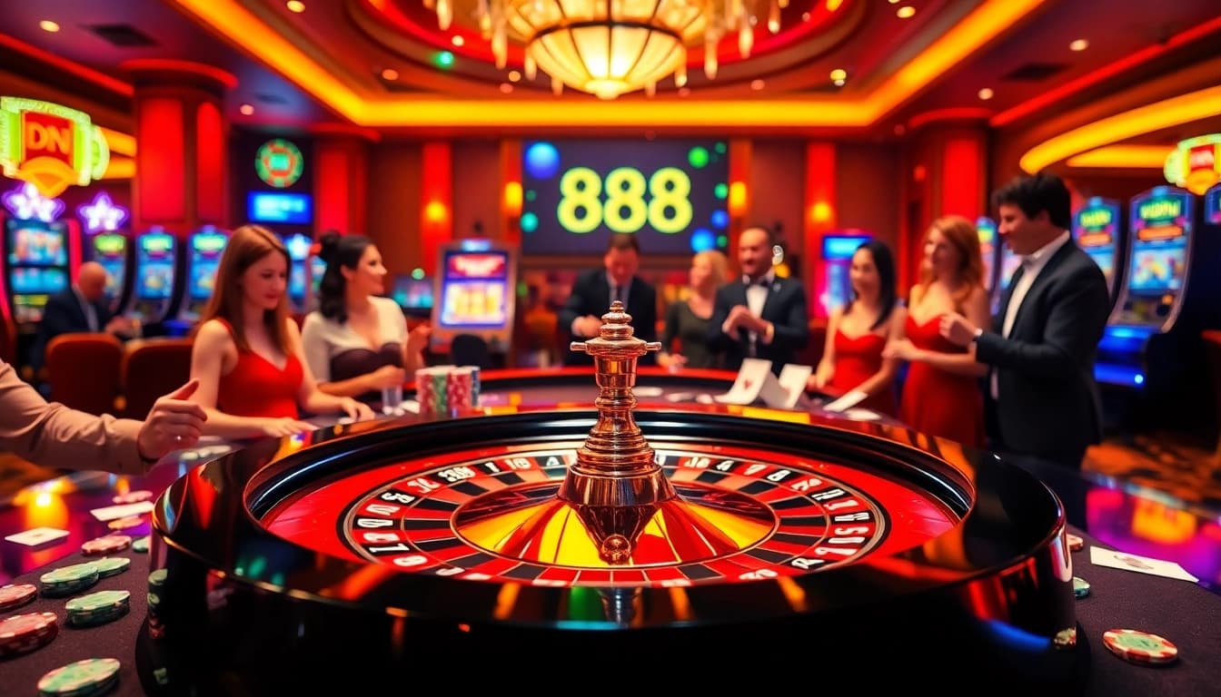Players enjoying high-stakes gaming at dn 888 casino, featuring roulette and poker elements.