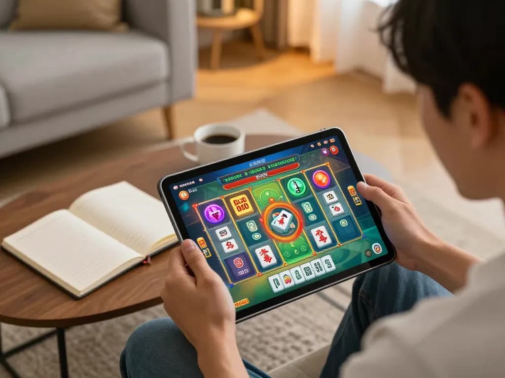 Engaging scene of a player enjoying slot mahjong on a tablet, showcasing vibrant game graphics and strategy notes.