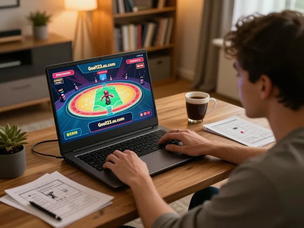 Engaged player strategizing on goal123.us.com while enjoying online gaming in a cozy home environment