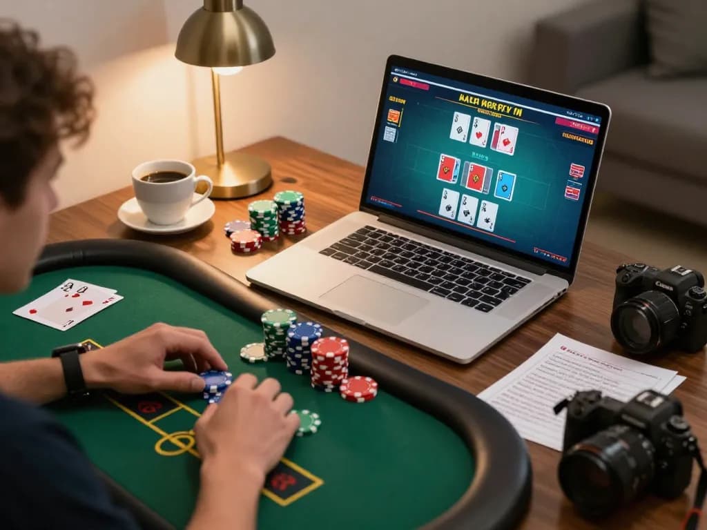 Player strategizing poker at home during a 68win online gaming session.
