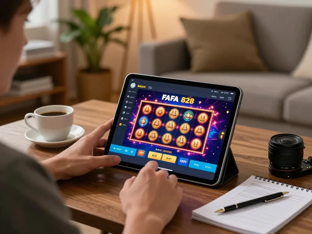 Engaging with FAFA 828 app for online slots in a cozy living room setup.