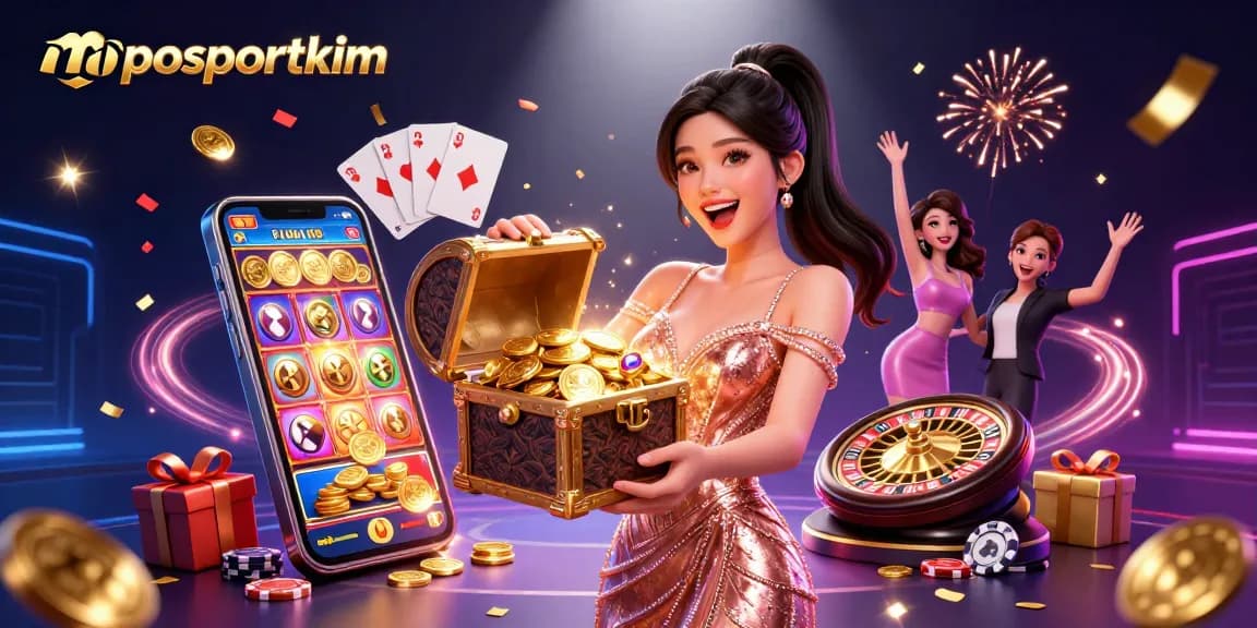 Engage with mposportkim's vibrant casino scene filled with treasures, slots, and festive elements.