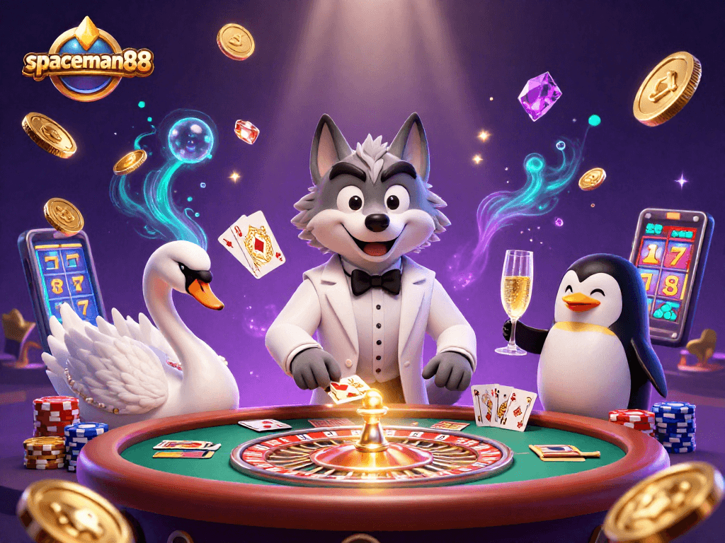 Spin to win with spaceman88 featuring a debonair wolf and elegant characters in a vibrant casino scene.