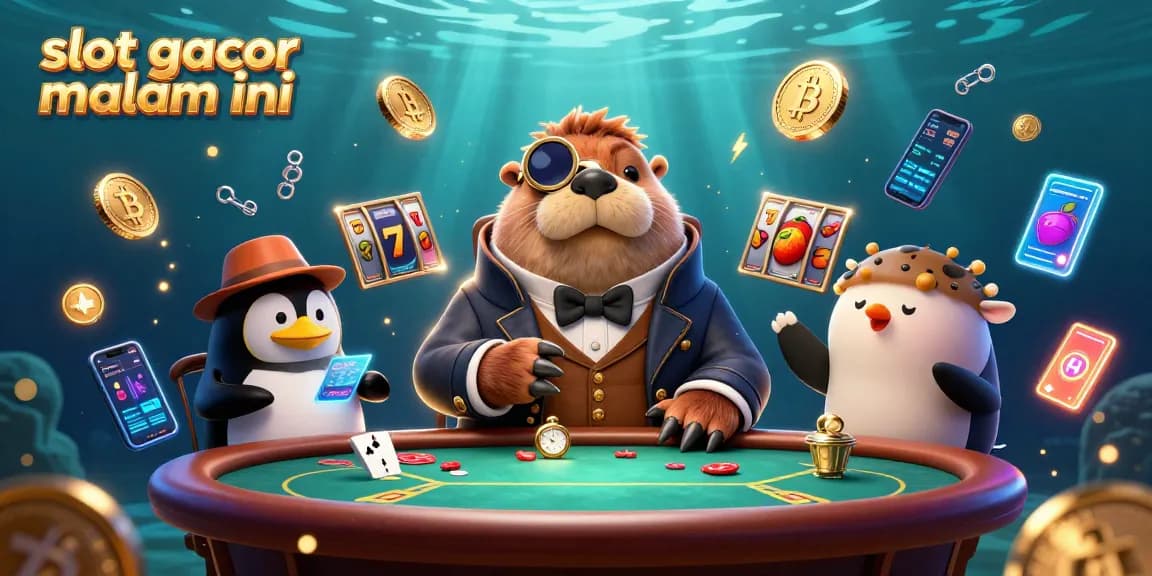 Engaging scene showcasing slot gacor malam ini with cartoon characters at a vibrant casino table.