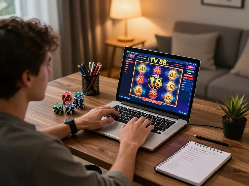 Engaged player winning at TV 88 online casino, showcasing gaming interface and strategy notes.