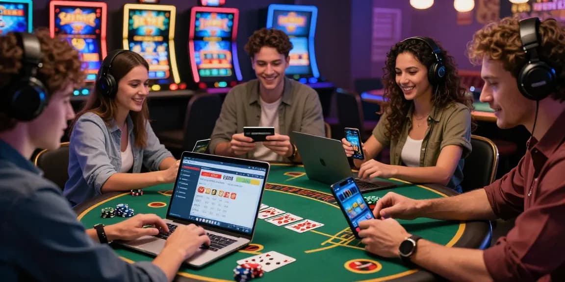 Friends enjoying online credit card gaming at https://aisa.org.uk, with vibrant digital casino elements and a lively atmosphere.