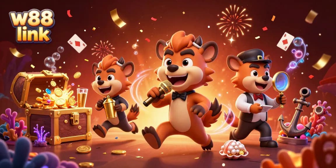 Experience thrilling gaming at W88 link's comedy casino club with lively hyenas and sparkling treasures.