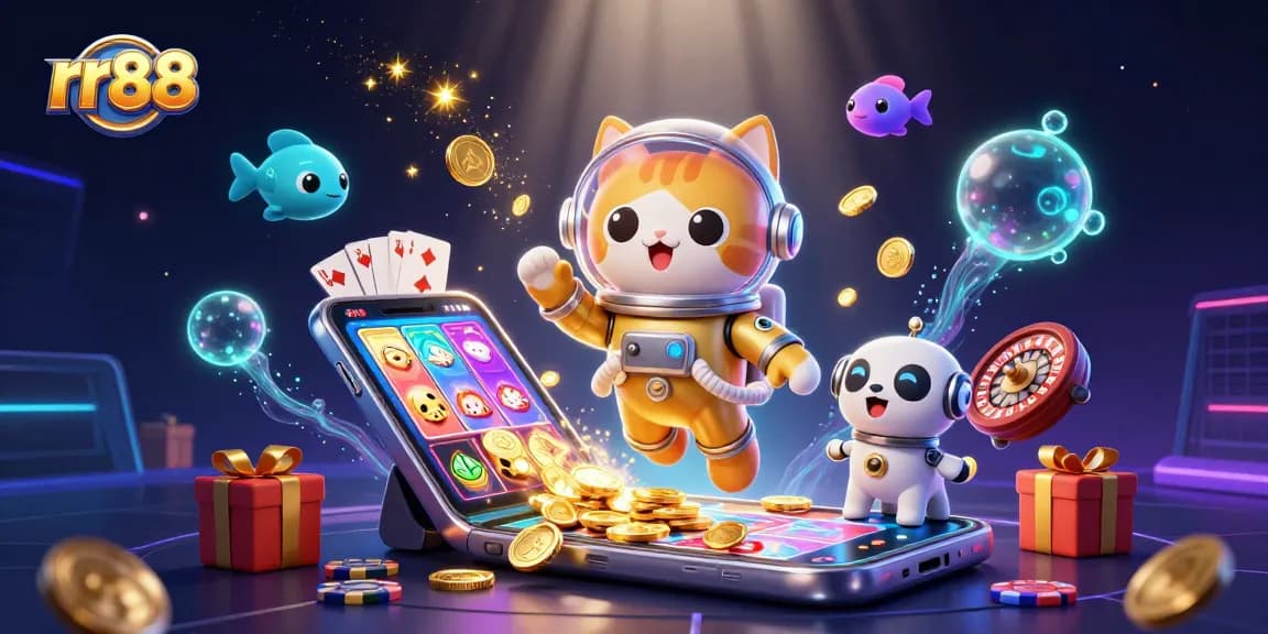 Spin the reels at rr88 with a vibrant 3D cat and robotic dog amidst cosmic gaming fun.