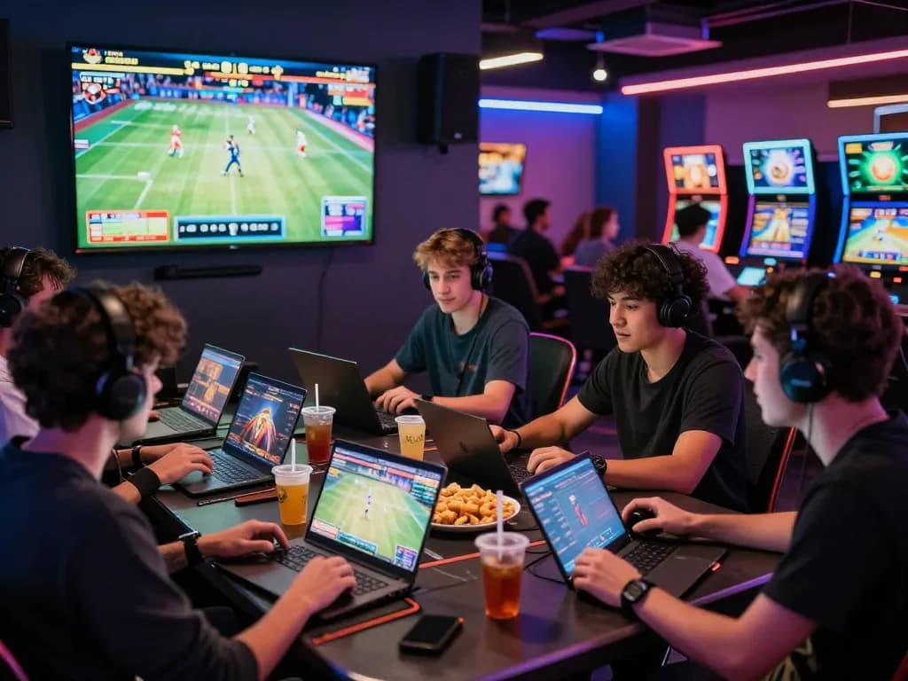 Players enjoying games at https://rr99.it.com/ in a lively gaming lounge with vibrant LED lights.