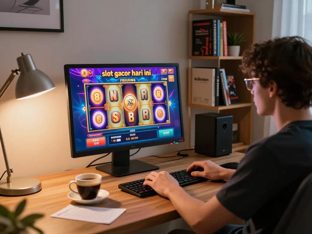 Playing online slot gacor hari ini with engaging graphics in a stylish home office setting.