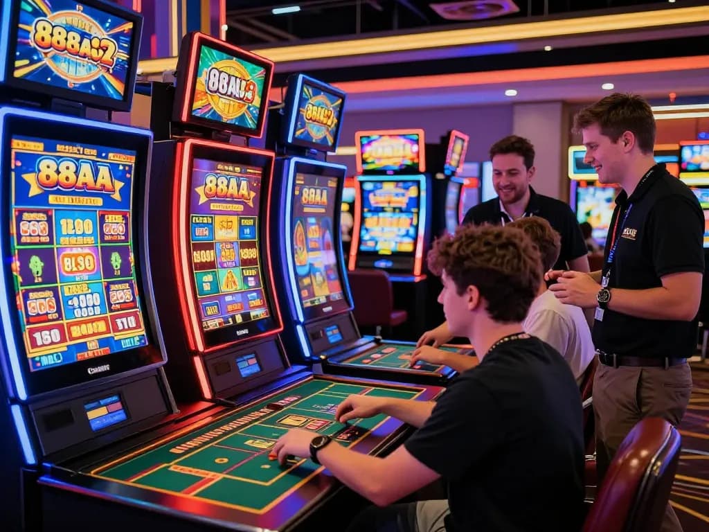 Engaged player enjoying the 88aa slot game amidst a lively casino atmosphere in 2026.