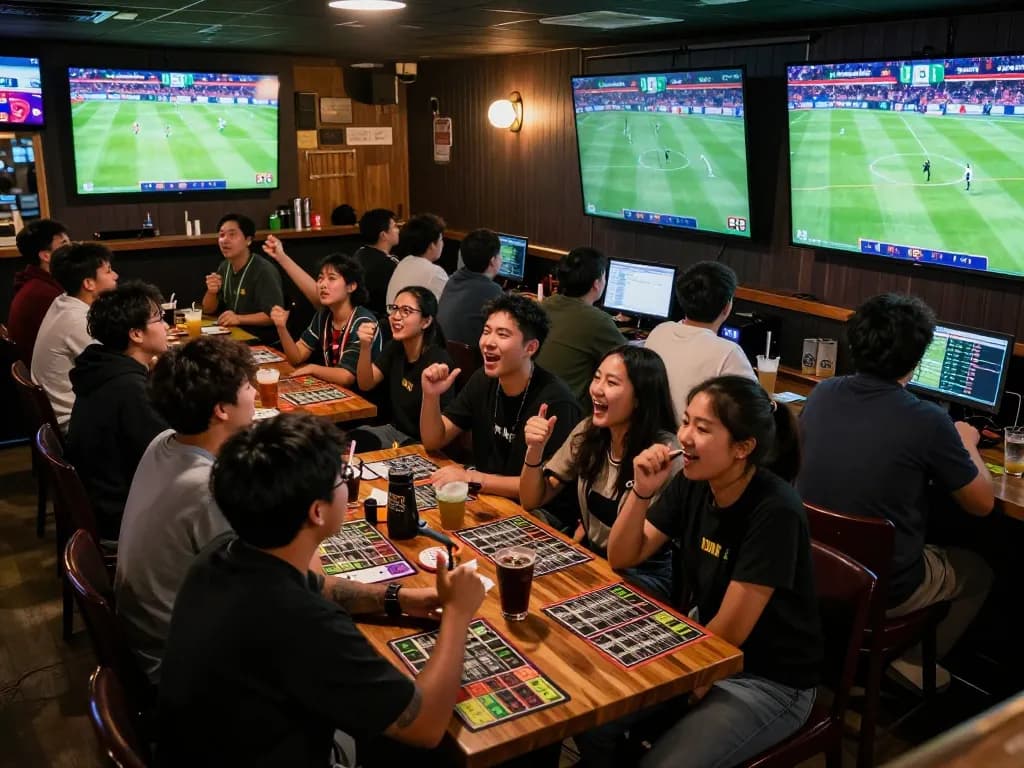 Engaged sports fans analyzing kèo nhà cái 5 during live soccer matches in a vibrant sports bar.