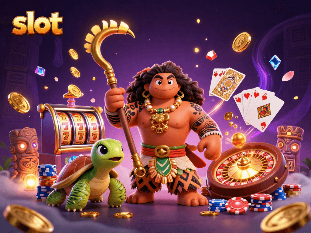 Engage with vibrant slot-themed action in a dynamic 3D casino scene featuring characters and symbols.