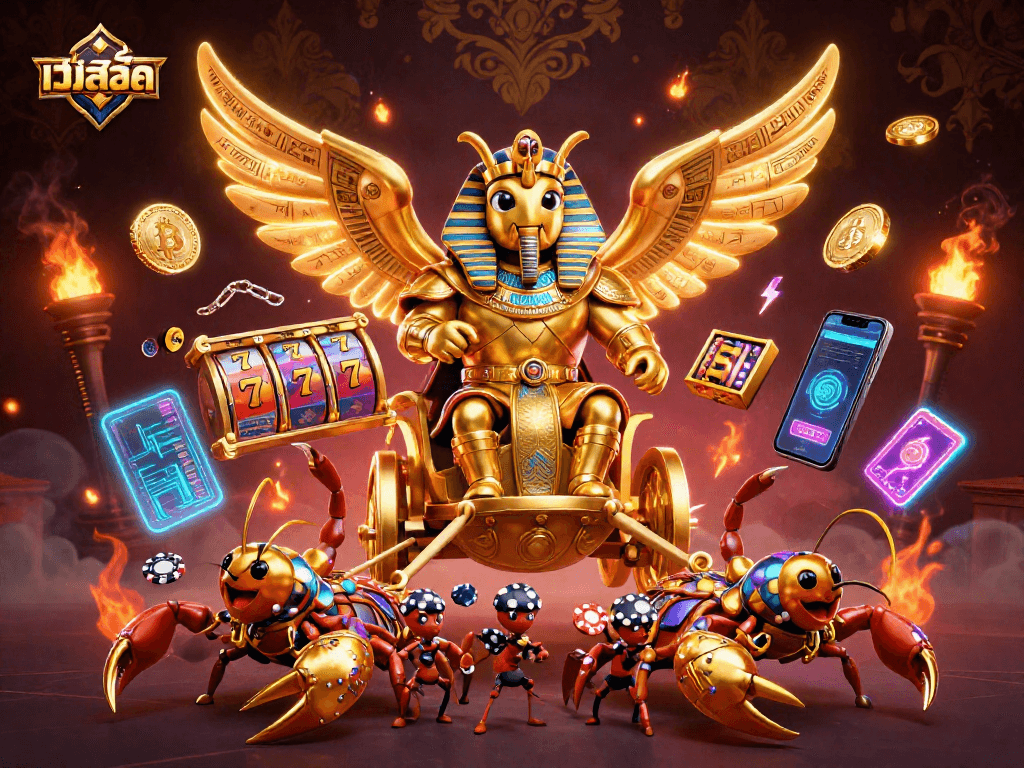 Experience the thrill of เว็บสล็อต with a vibrant 3D scene featuring slot reels and gold symbols.