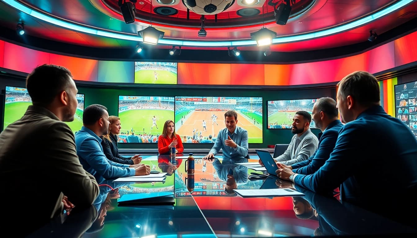Highlighting the excitement of Sports Broadcasting in a modern studio setup with dynamic commentators.